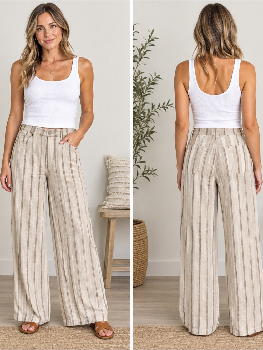 GAP Pull On Wide Leg Pant Womens 4 Beige Striped Linen Blend Coastal Summer